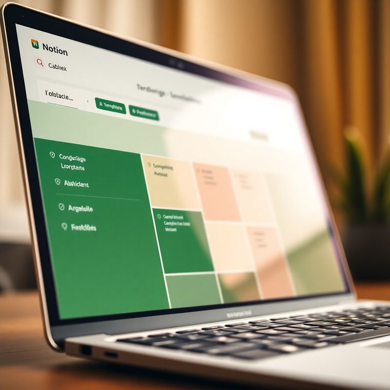 Notion pipeline na obrazovce notebooku v zeleno-krémovém UI tématu